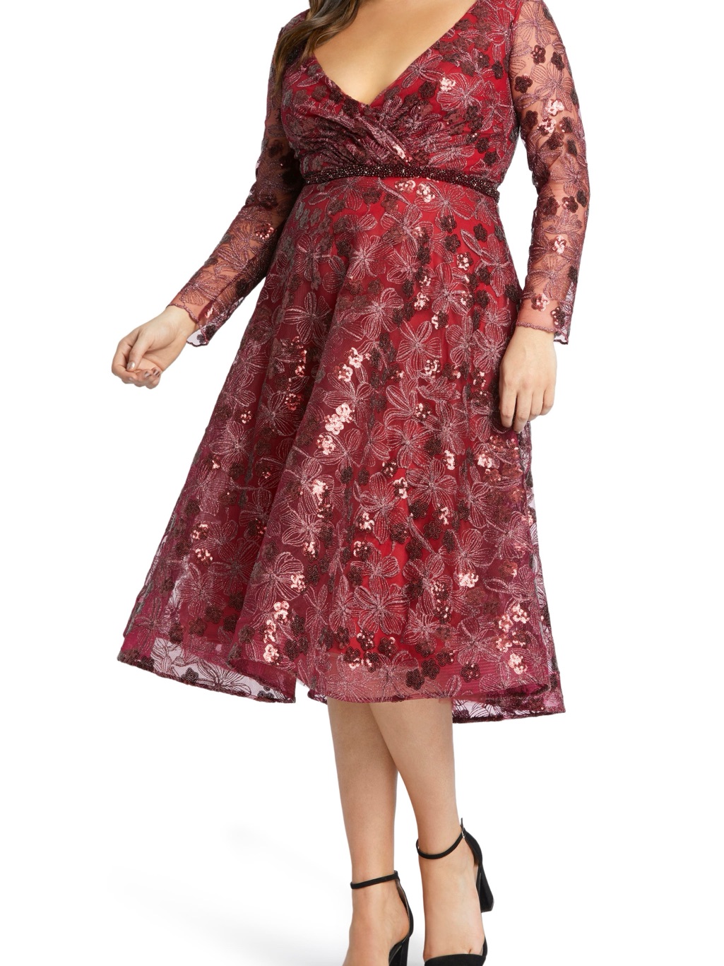Mac Duggal V-Neck Long Sleeve Lace Fit & Flare Midi Cocktail Dress In Burgundy